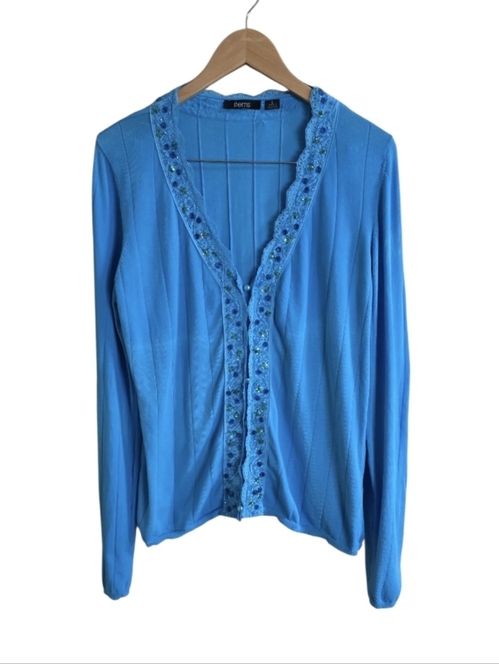 Vintage Y2K Items Blue Beaded Floral Lace Pearl Button Down V-neck. Size Large